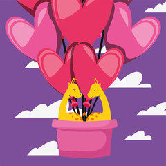 Giraffes cartoons hearts hot air balloon vector design