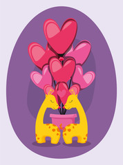 Giraffes cartoons hearts hot air balloon vector design