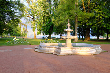 Annecy, France - April 28: View of the fountain in the park Gardens of Europe. on April 28, 2017 in Annecy, France.