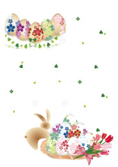 イースター和柄の卵とうさぎに春の花がかごに入ったイラストの縦スタイル背景素材