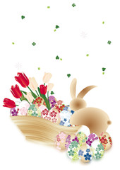 イースター和柄の卵にうさぎと春の花が木の器に入ったイラストの縦スタイル背景素材