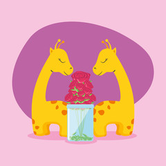 Giraffes cartoons and roses inside vase vector design