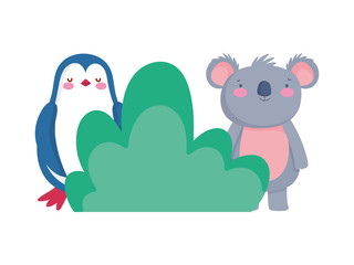 cute penguin and koala foliage nature cartoon