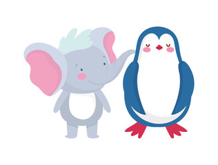 little elephant and penguin cartoon character on white background