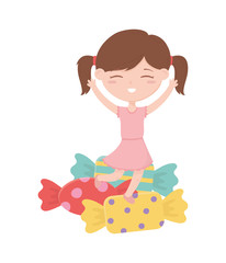 happy childrens day, cute little girl with sweet candies cartoon
