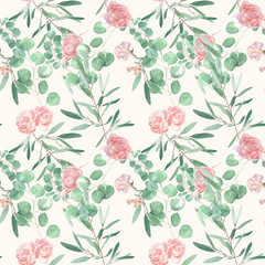 romantic eucalyptus leaf greenery english rose pattern seamless spring romantic modern summer retro