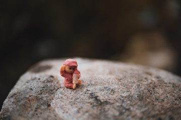A tiny baby figure on the rock.