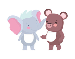 little elephant and bear cartoon character on white background