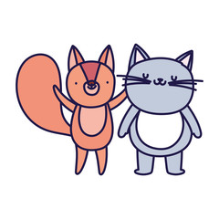 little cat and squirrel cartoon character on white background
