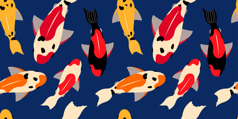 seamless pattern with koi carps of different colors
