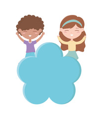 happy childrens day, little boy and girl playing celebration cloud cartoon