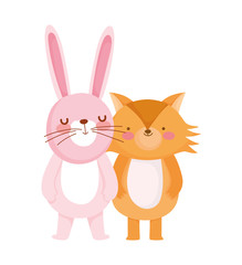 little fox and rabbit cartoon character on white background