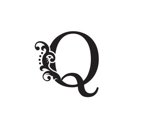 Vintage Q Letter Swirl Logo. Black Floral Q With Classy Leaves Shape design perfect for fashion, Jewelry, Beauty Salon, Cosmetics, Spa, Hotel and Restaurant Logo. 