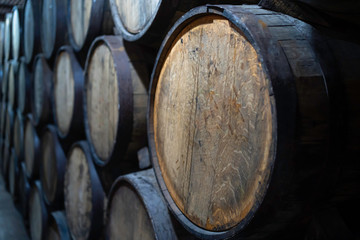 En la bodega de la fabrica de tequila hay muchos barriles.