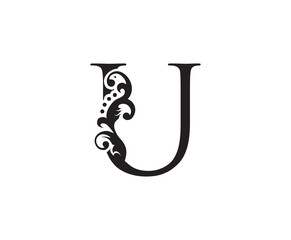 Vintage U Letter Swirl Logo. Black Floral U With Classy Leaves Shape design perfect for fashion, Jewelry, Beauty Salon, Cosmetics, Spa, Hotel and Restaurant Logo. 