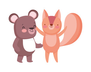Obraz na płótnie Canvas little teddy bear and squirrel cartoon character on white background