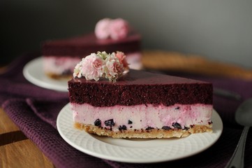 Pieces of homemade blueberry cheesecake on white plate. Dark background.