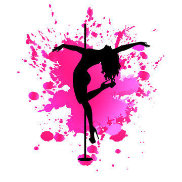 Vector black silhouette pole dance on pink watercolor blot on a white background. Hand scketch exotic dance vector illustration. Isolated clipart for logotype, badge, icon, logo, banner, tag, clothes