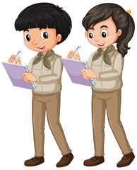 Boy and girl in scout uniform on white background