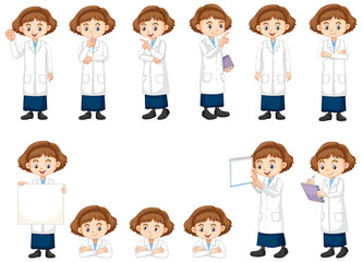 Set of girl in science gown doing different acts