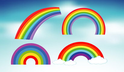 Set of rainbows in blue sky background