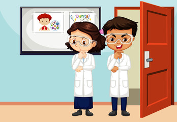 Classroom scene with two science students inside