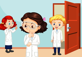 Classroom scene with three students inside