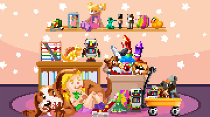 Scene with girl and dog in the room