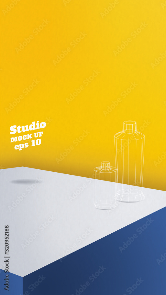 Aufkleber Studio table background.Vector,vivid blue product display block with yellow wall.mockup for display of design.Vertical Banner for advertise product.16 9 ratio