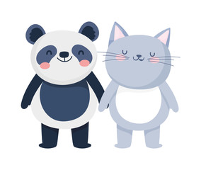 Obraz na płótnie Canvas little cat and panda cartoon character on white background