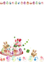 イースター和柄の卵とうさぎに春の花がかごに入ったイラストの縦スタイル背景素材
