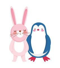 little penguin and rabbit cartoon character on white background