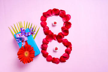 Women's day and Valentine day concept, Flower and green leaf with copy space frame 