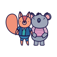 cute koala and squirrel with clothes cartoon on white background