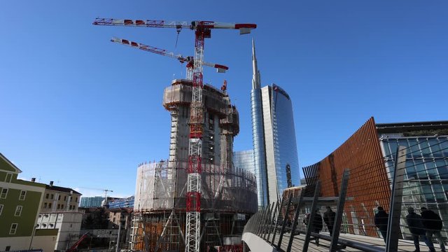 Milan (Italy) 02.04.2020 - Milan construction site in the Isola / Bosco Verticale district - near Unicredit Palace - time lapse