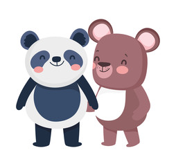 little panda and teddy bear cartoon character on white background