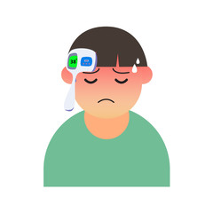 Sick man with infrared thermometer on his head. Vector illustration. fever illustration.