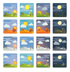 Set of square four season and four times of day icons: summer, winter, spring, autumn, morning, day, evening, night. Stock vector illustration. Isolated on white background.