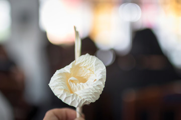 Kind of wood flower in hand; to be placed on the site of cremation in Thailand. (Dok Mai Jan)