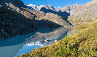 Naklejka na ściany i meble Scenic lake in the Altai Mountains, morning view. Traveling in the mountains, trekking.