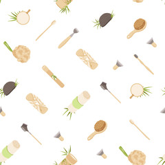 Zero Waste Vector Seamless Pattern in Minimalism Style, with Reusable and Recycle Zero Waste products - Pad, Box, Charcoal toothbrush, Natural Soap and other. Eco friendly repeatable pattern.
