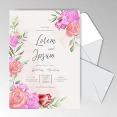 Watercolor Wedding Invitation Cards with Beautiful Roses and Leaves