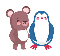 little penguin and teddy bear cartoon character on white background