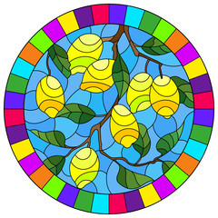 Fototapeta premium Illustration in stained glass style with lemon branches, leaves and fruits, round image in bright frame