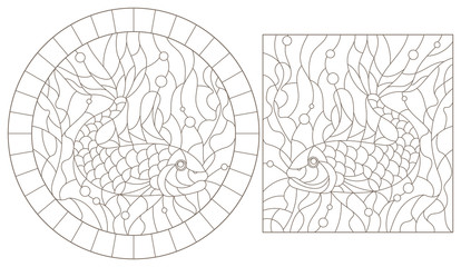 A set of contour illustrations of stained glass Windows with goldfish, dark contours on a white background