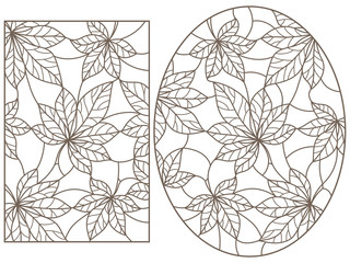 Set of contour illustrations of stained glass Windows with abstract leaf of chestnut backgrounds, dark outlines on white background