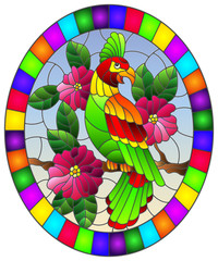 Illustration in the style of stained glass with a beautiful  parakeet sitting on a branch of a blossoming tree on a background of leaves and sky