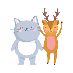 little cat and deer cartoon character on white background