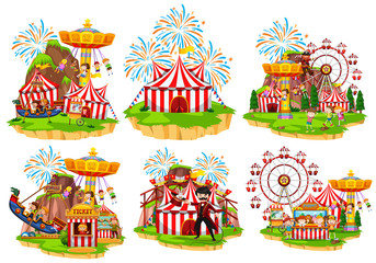 Different circus rides with fireworks in background © blueringmedia