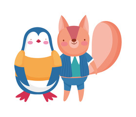 cute penguin and squirrel with clothes cartoon on white background